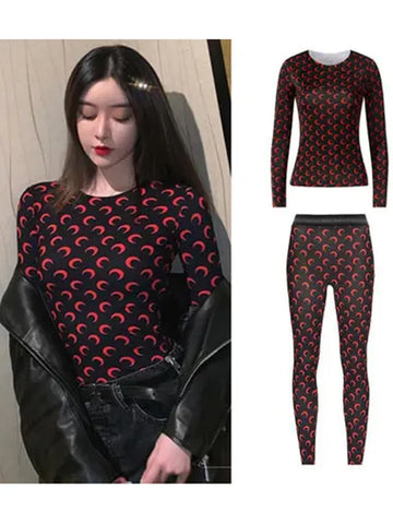 Autumn Two Piece Set New Womens American Retro Sweet Sexy Casual Set Moon Print Ice Silk Top Long Sleeve Pants
