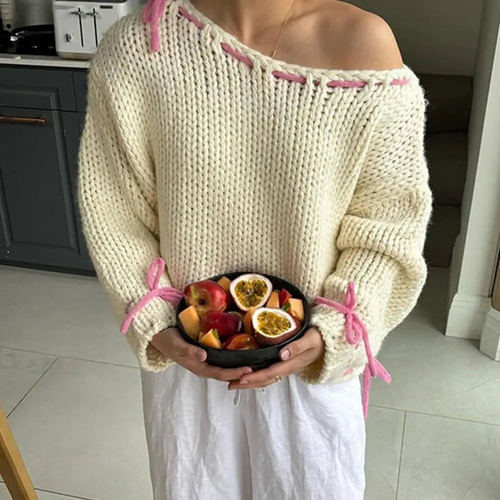 2025 Winter Casual O Neck White Knitted Sweater Women O Neck Ruffle Pullover Autumn Lady Lantern Long Sleeve Jumper