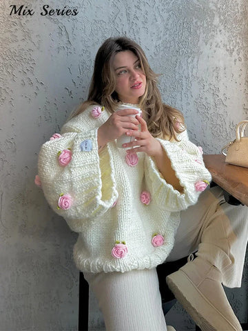 Elegant 3D Flower Knit Pullover Women's O-neck Oversize Long Sleeves Sweater 2026 Spring New Lady Fashion Sweet Knitwears