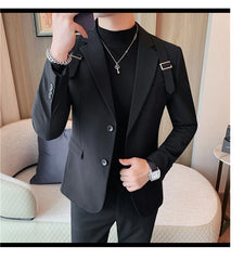 2024 Autumn Winter New Strap Decoration Suit Jacket for Men Fashion Slim Casual Business Blazers Groom Wedding Social Tailcoat