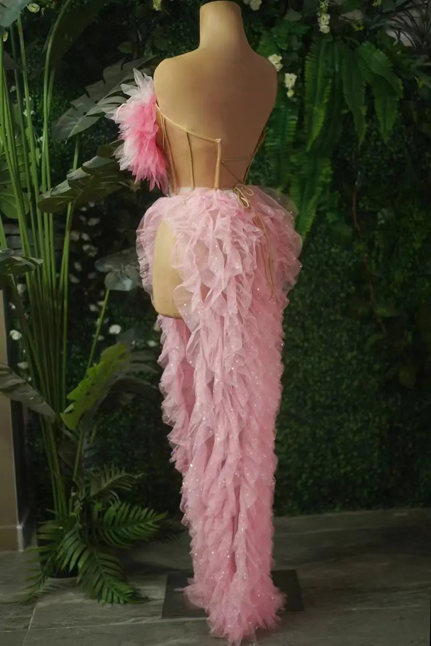 Pink Ruffles Sexy Strapless Mini Tops Two-Pieces Set Dress Nightclub Bar Birthday Party Evening Performance Costume Stage Wear