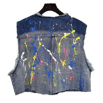 Vintage Hand-Painted Graffiti Print Short Denim Vest Women Spring New O-Neck Sleeveless Jacket Female Jean Waistcoat Tide T1174