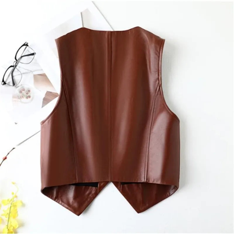 New Spring Autumn Casual V-Neck Irregularity Short Black Vest Female Imitation Leather Waistcoat Women Sleeveless Jacket T951