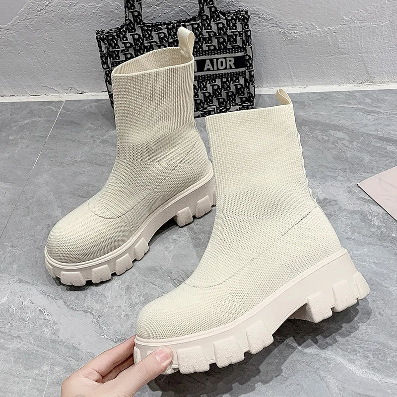 Size 35-43 Women Boots Stretch Fabrics Botas Spring Autumn Shoes Platform Round Toe Pink Purple Ladies Boots Zapatos Mujer
