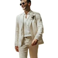 Luxury Gentlemen Men Suits Linen Beige Single Breasted Notch Lapel Blazer Slim Fit Skinny 2 Piece Jacket Pants Costume Homme