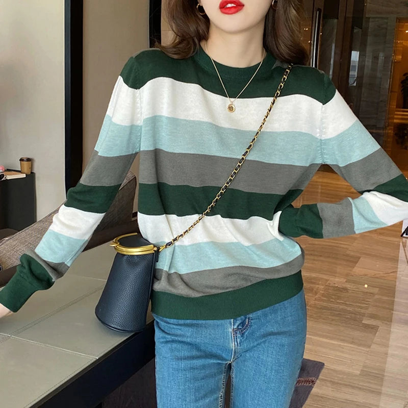 Striped Pullover Knitted Tops Women 2025 Autumn New Loose Casual Long Sleeve O Neck Thin Sweater Female