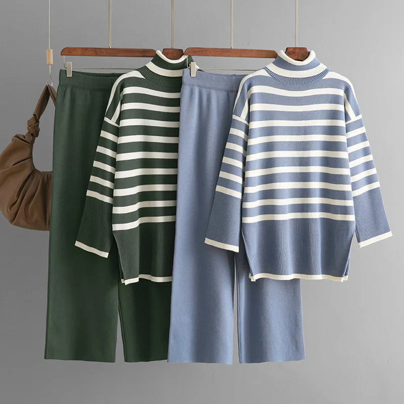 Autumn Winter New in Fashionable High Collar Sweater Women's Loose Casual Comfortable Knitted Sweater Pants Two Piece Set