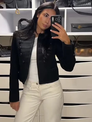 Fashion Black Cropped Jacket For Women Elegant O-neck Long Sleeve Double Breasted Coats 2026 Spring Chic Lady Outerwear Street