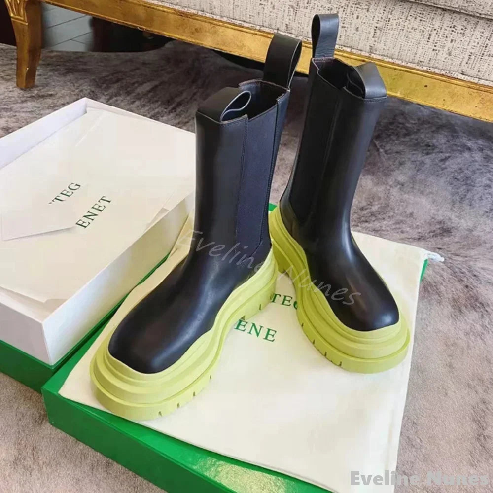 Pink Thick Sole Mid-calf Boots Women Round Toe Chunky Heel Slip On Mixed Colors Leather Stretch Boots New Fashion Ankle Boots