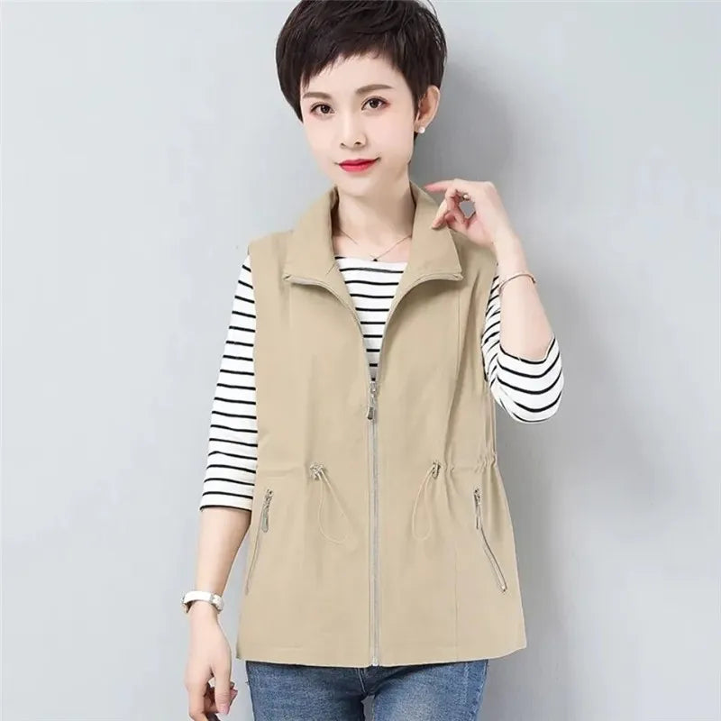 Casual Liner Vest Women Spring Summer New Fashion Slim Sleeveless Jacket Lace Up Zipper Loose Mom Waistcoat Female Tops T1107