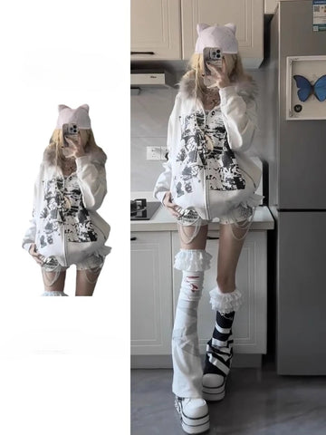 Subculture Casual Y2k Tops Preppy Syle Grey Long Sleeve Zip Up Sweatshirts Coat Chic Casual Japanese Jacket Hoodies 2025 Women
