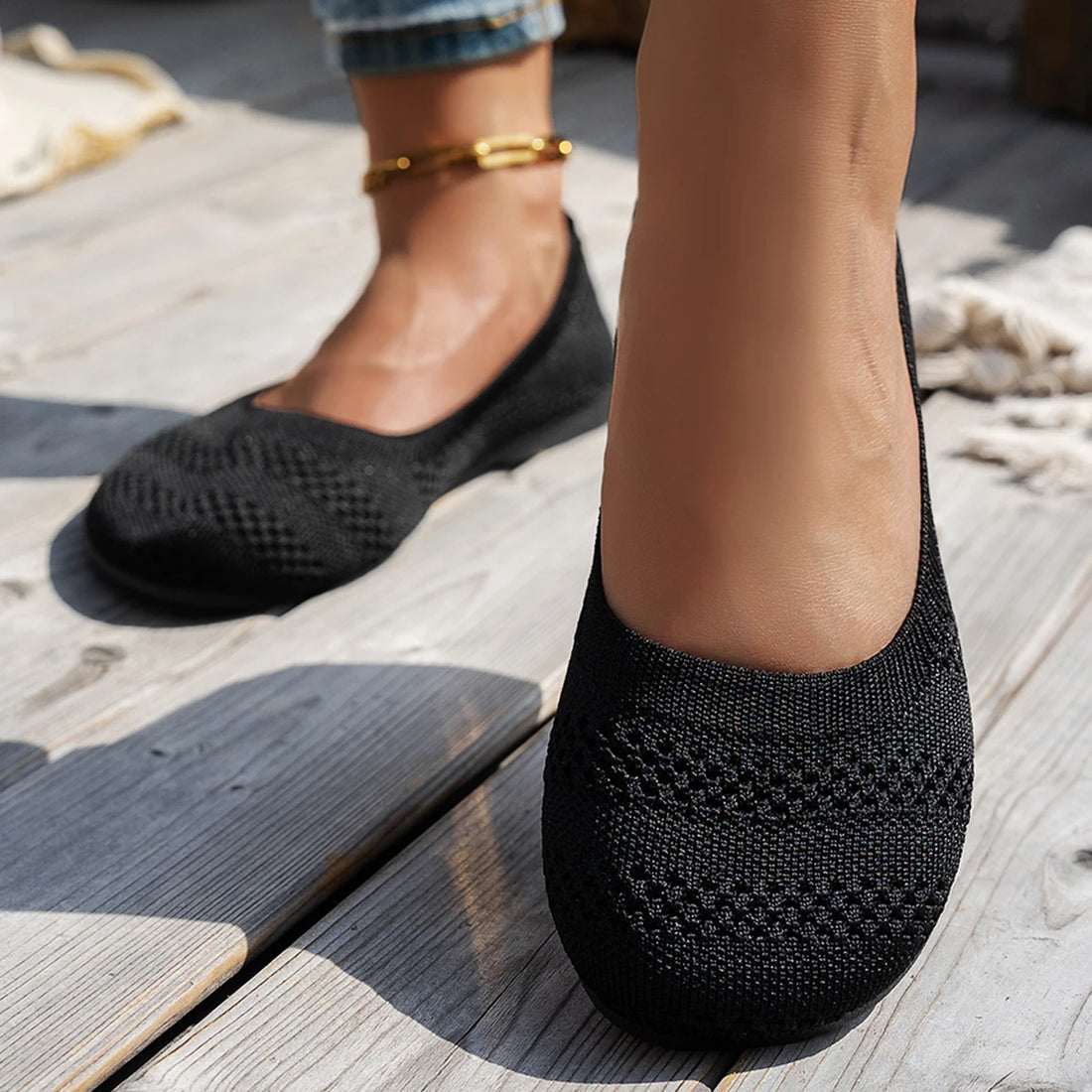 Comfortable Big-Head Shoes, Round-Toe Flat Knitted Shoes, Korean-Style Versatile Women's Single Shoes