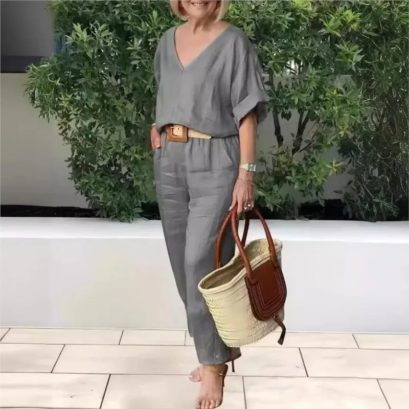 Women's Fashion Cotton And Linen Summer Sunflower Color V-neck Short Sleeved Loose Top Casual High Waisted Pocket 2-piece Set