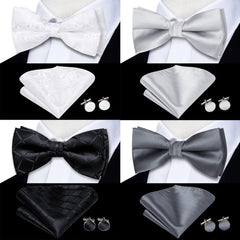 Hi-Tie Silk Mens Bow Tie Hanky Cufflinks Set White Black Gray Silver Pre-tied Butterfly Knot Bowtie for Male Wedding Business