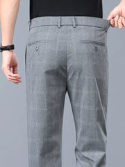 Summer Thin Plaid Formal Stretch Pants Men Slim Business Grey Black Casual Pant Fashion Male Clothing England Trousers