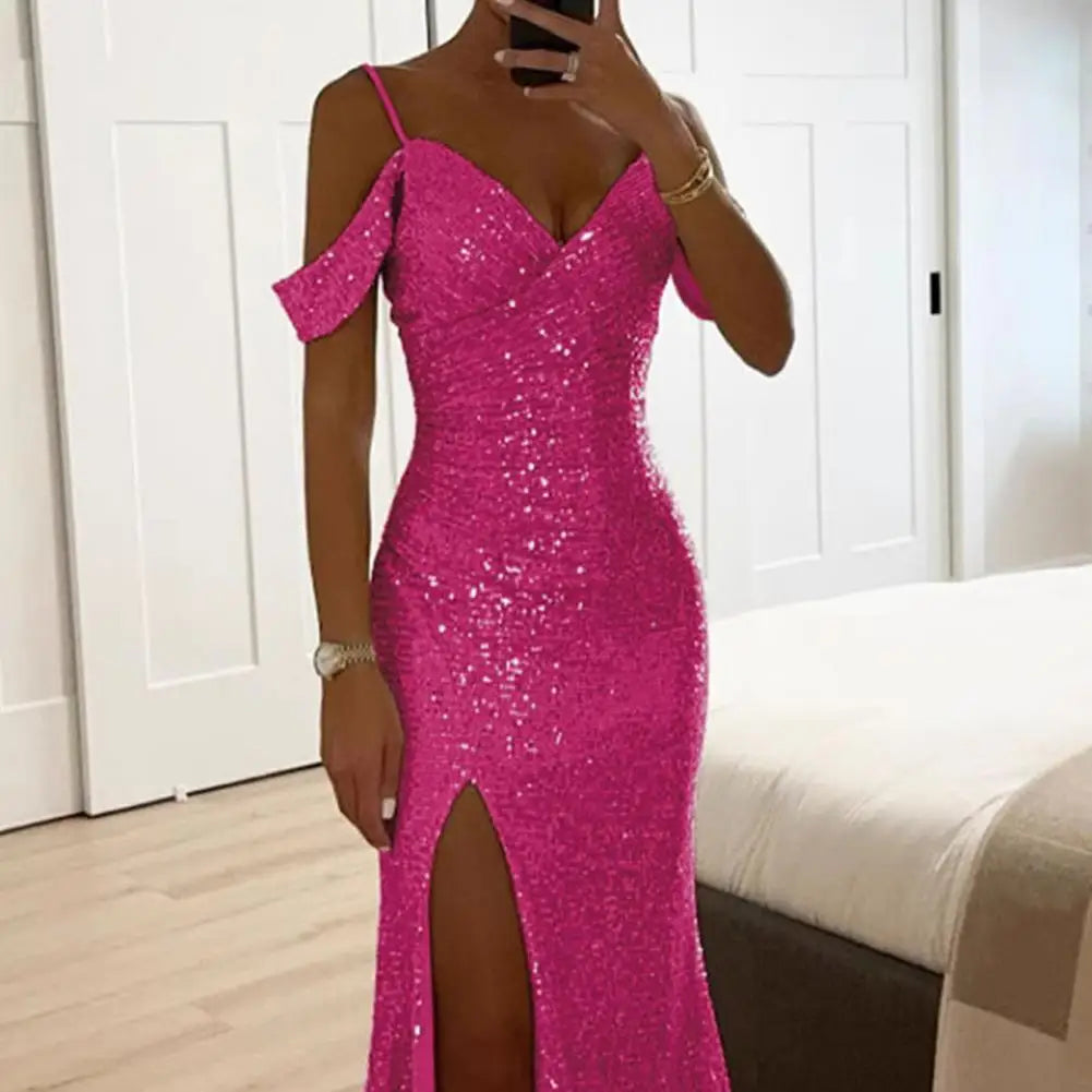 Long Dress Elegant Sequin Ball Gown for Prom Wedding Parties Off Shoulder V Neck Maxi Dress with Side Slit Slim Fit for Banquets