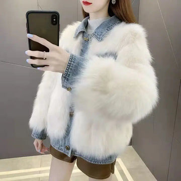 fashion Denim fur coat women 2025 winter new Korean imitation fox fur thick Warm jacket Female Long sleeve loose outerwear T789