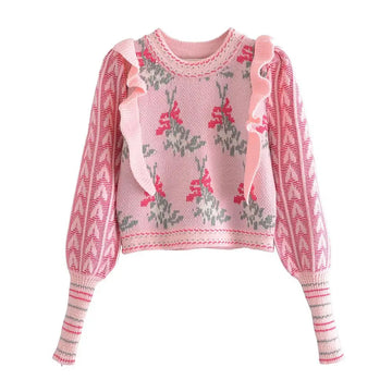 2023 Autumn Winter Ruffles Jacquard Knitted Short Sweater Women Pullover Thicken Warm Loose Tops Female Design Sense Pullovers