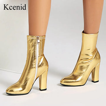 Kcenid Elegant Autumn Winter Ankle Boots for Women Gold Silver Short Boot Chunky High Heel Fashion Zipper Dance Party Shoes Lady