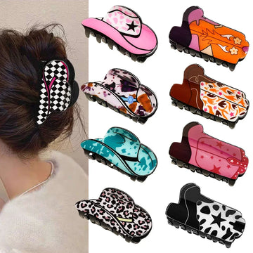 New Hip hop Western Cowboy Hat Boots Acrylic Hair Claw for Women Girls Vintage Ponytail Holder Shark Clip Barrette Accessories