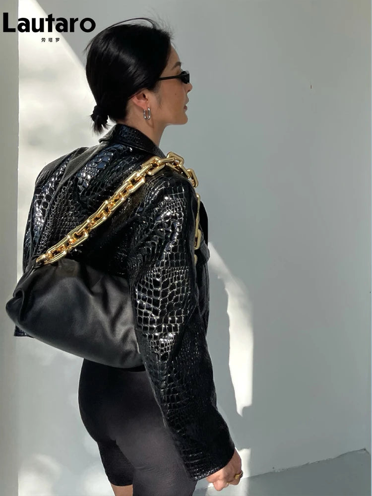 Lautaro Spring Autumn Short Cool Stylish Shiny Reflective Crocodile Print Patent Pu Leather Jacket Women Runway Fashion 2023