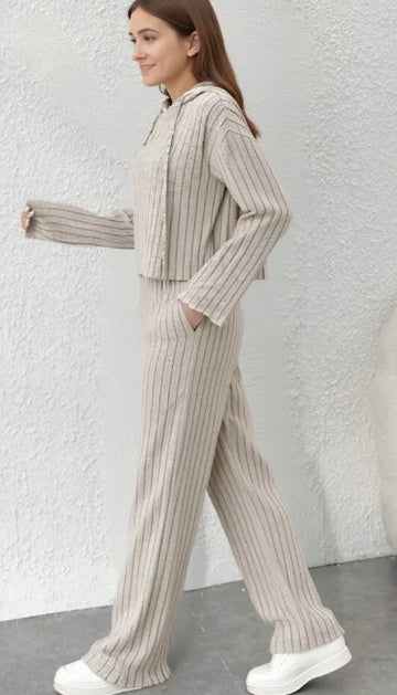 Spring Autumn Women's New Solid Color Casual Knitted Striped Hooded Sweatshirt Loose Long Sleeved Long Pants Two-piece Set