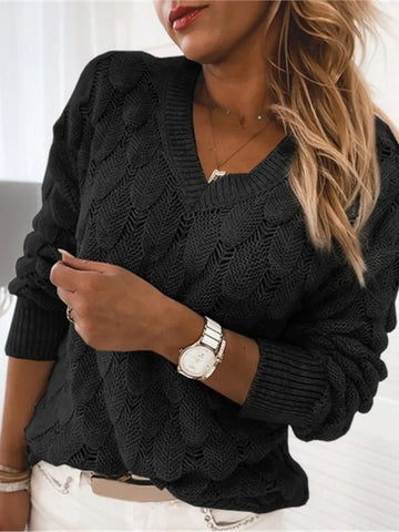 Sweater Knitted Feather Hollow V-neck Long-sleeved Solid Color Top For Women Winter Clothes Woman Pulls Femmes All-match Loose