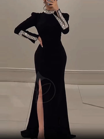Women's Spring Long Sleeved Slim Banquet Dress Casual Rhinestone Patchwork Dresses Elegant Half High Neck Waist Wrap Hip Dress