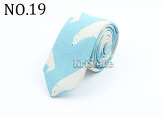 Novelty Cartoon Linen Tie For Men Cute Cat Polar Bear Waves Pattern Skinny Necktie For Men Women Casual Party Slim Cravat Gift