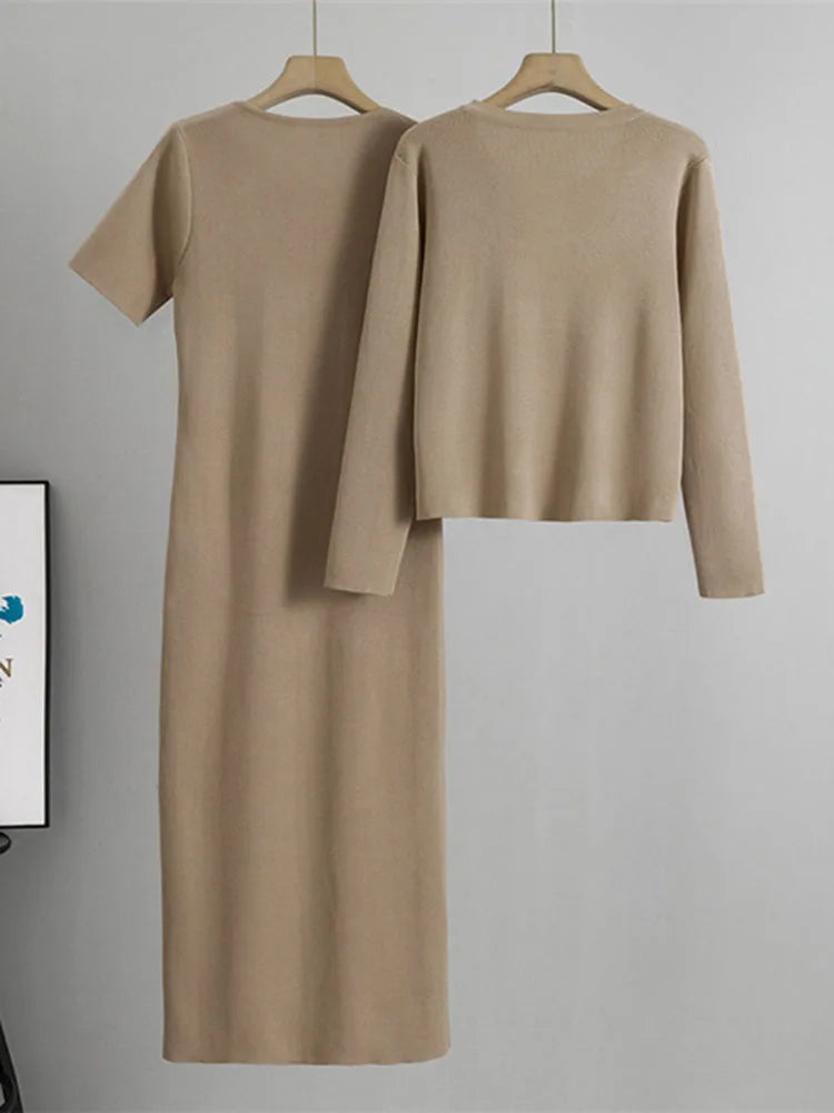 Korean Elegant Knitted 2 Piece Sets Women O-neck Knitwears Sweater Pullover Tops Conjuntos Casual High Waist Solid Dress Outfit