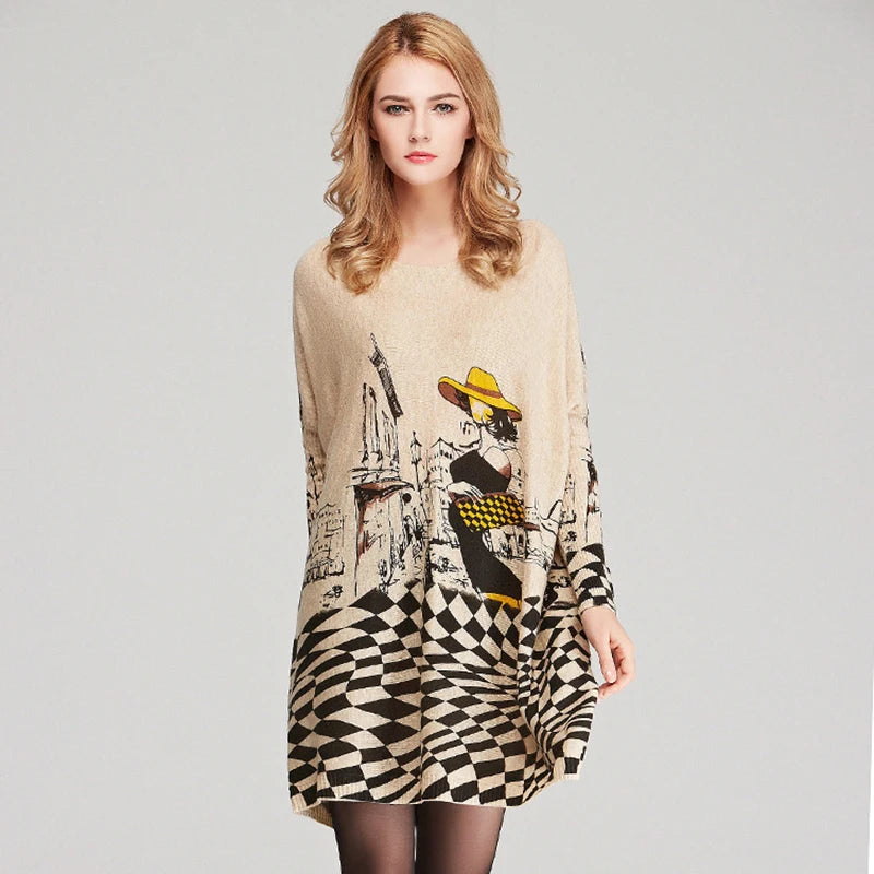 Autumn New Cartoon Print Sweater for Women Loose Batwing Sleeve Lady Long Sweaters Pullover Fashion Women's Clothing