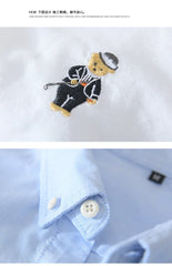 100% Cotton Shirts For Men Cartoon Bear Embroidery Korean Fashion Casual Long Sleeve Shirt 2024 Spring Loose Fit Mens Clothing