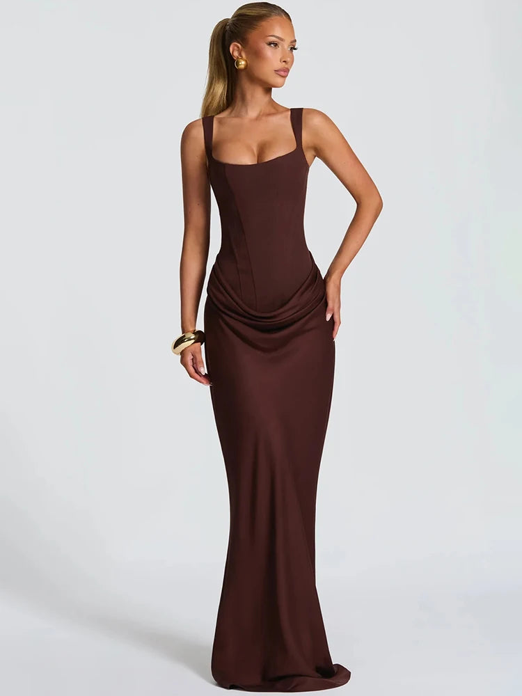 Mozision Backless Ruched Sexy Maxi Dress Women Elegant Square Collar Tapered Straps Sleeveless Bodycon Club Party Long Dress