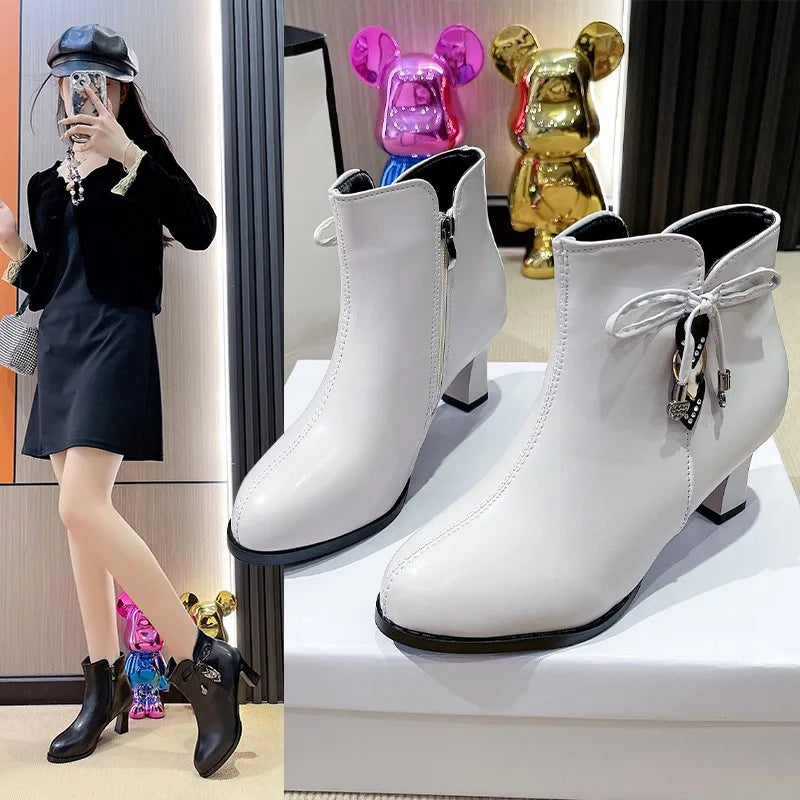 2025 high-heeled boots female spring and autumn single boots new women's shoes zip white waterproof Taiwan high-heeled shoes