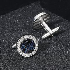 2 Pcs /Set New High-end Fashion Mens Shirts Crystal Cufflinks Luxury Design Silvery Round Blue Rhinestone Cuff Links