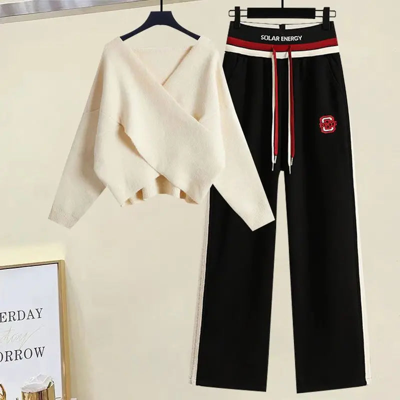 Spring and Autumn Suit Women 2023 New Fashionable Age Reducing Slim Knitted Sweater Casual Pants Two Piece Set