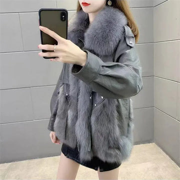 2025 winter new imitation fox fur collar coat women fashion zipper Added cotton thick Leather jacket Female loose outerwear T685