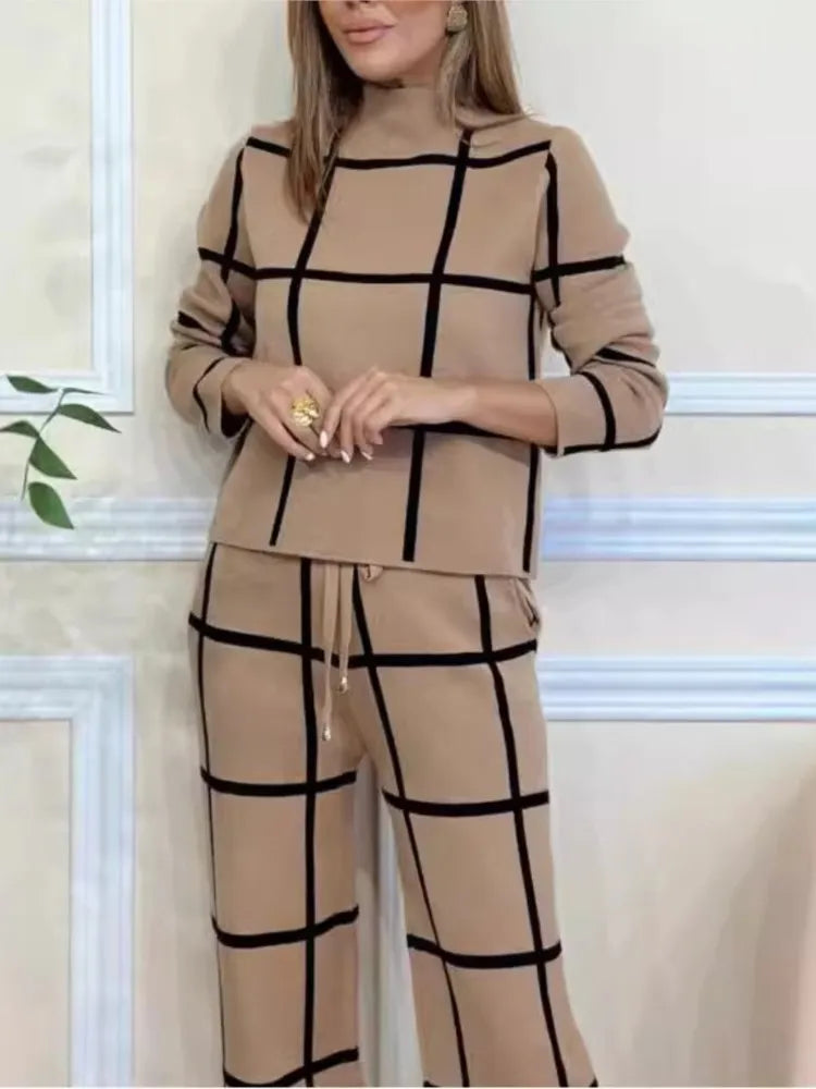 Women's Two Piece Set Fashion Plaid Print Long Sleeve Cropped Top High Waist Straight Trousers 2 Piece Sets Commuting Style 2024
