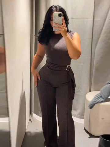 Elegant Women's Two Pieces Set Pants Suits Fashion Slim O-neck Sleeveless Belt Tops Hip Package Trousers Lady Office Outfits