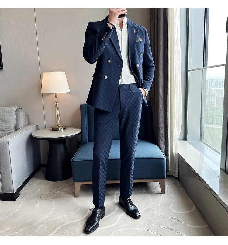 (Jacket+Pants) 2 Pieces Blue Apricot Business Party Men Suits Double Breasted Formal Style Custom Made Wedding Groom Tuxedos