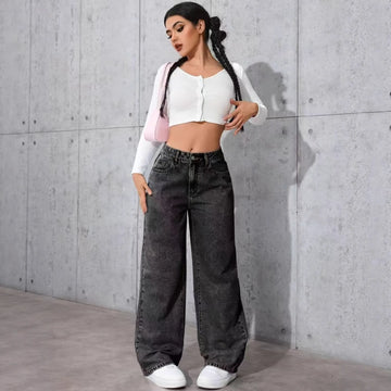 High Waist Straight Leg Loose Fit Women's Denim Jeans Sweet And Spicy Style Spring Autumn Popular Cross-Border Independent St...
