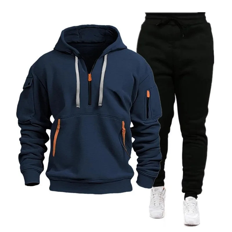 Men's Zipper Hoodie Set with Pockets for Sports Autumn Winter Wear Plain Sweatshirt Sportswear Outfit