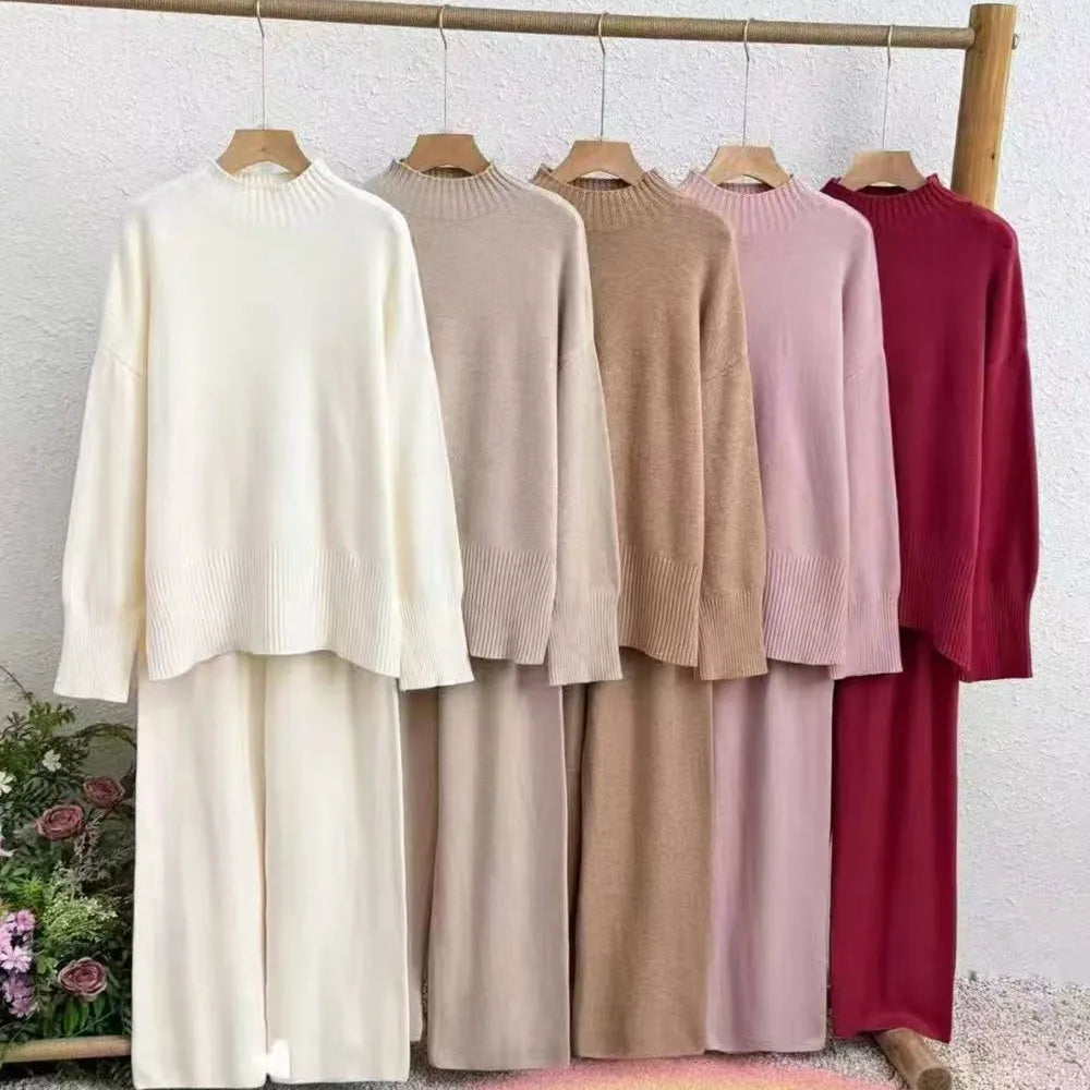 Women Two Pieces Knitted Pant Sets Solid Matching Set Half High Collar Pullover Full Length Wide Leg Pants 2025 Autumn Winter