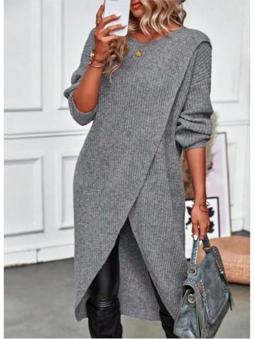 Womens Long Knitted Sweater Dress 2025 Autumn Winter Warm Fur Jumpers Casual Solid Loose Knit Midi Dress Lady Work Pullovers