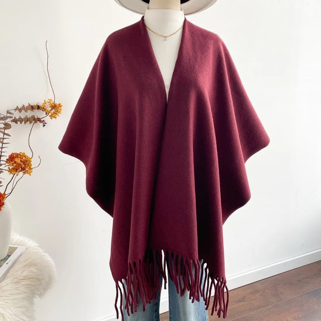 Women Poncho Premium Solid Color Outerwear Thickened Alpaca-Like Wraparound Ladies' Cape Coat 2025 Winter Warm Cloak