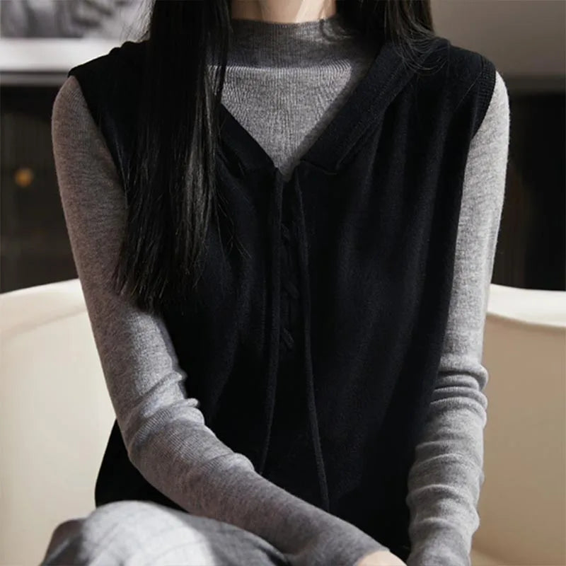 Spring Autumn New Chic Chinese Style Hooded Knit Vest Women Clothing Casual Loose All-match Solid Tanks Lady Sleeveless Top Tees
