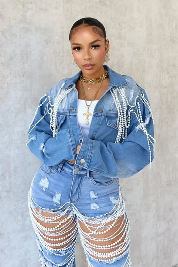 Pearls Beading Tassel Women Autumn Denim Jackets Turn Down Collar Long Sleeve Single Breasted Fashion Jeans Coat Street Crop Top