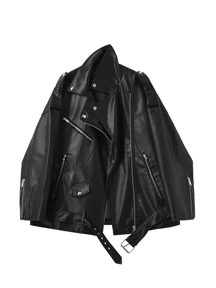 FTLZZ Spring Autumn Faux Leather Jackets Women Loose Casual Coat Female Drop-shoulder Motorcycles Locomotive Outwear With Belt