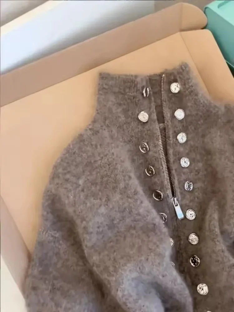 Fluffy Knitted Cardigan Sweater Double Breasted Stand-up Collar Knitwear Women Autumn High-end Lazy Zipper 2000s Y2k Knit Top