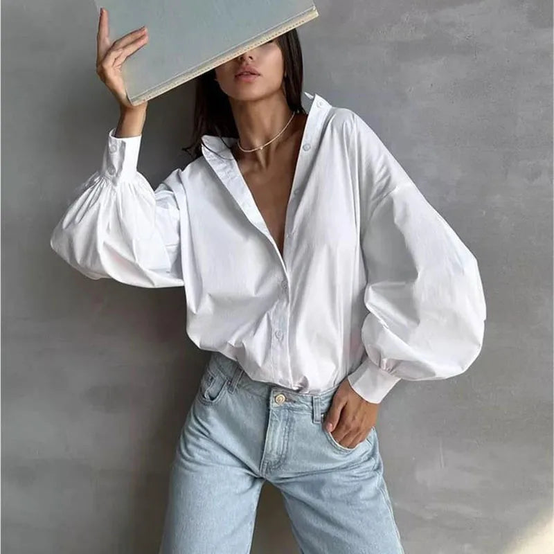 Women's Lantern Sleeve Oversized Blouse 2025 New Casual Loose Streetwear Black White Shirt Woman Vintage All-Match Basic Blusas
